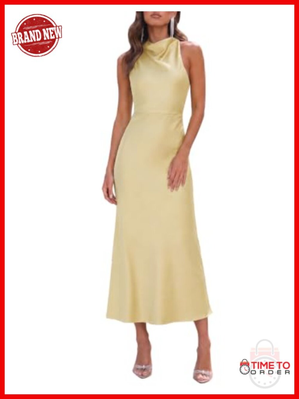 Satin High Neck Backless Sleeveless Cocktail Midi Dress
